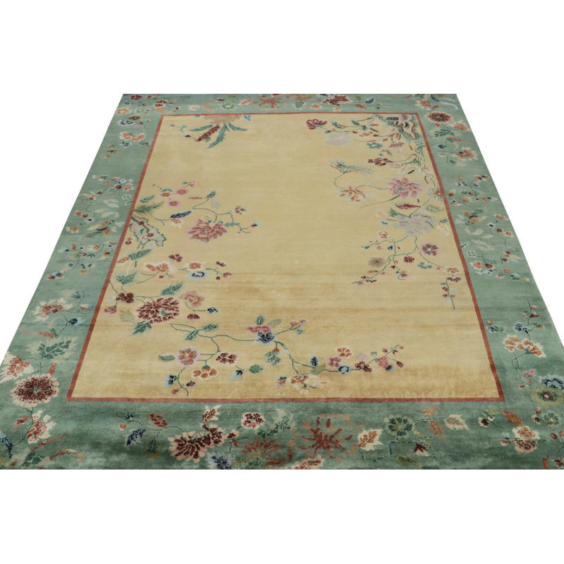 Rug & Kilim’S Chinese Art Deco Rug In Gold With Multicolor Floral Patterns, Rectangle 8' x 10'