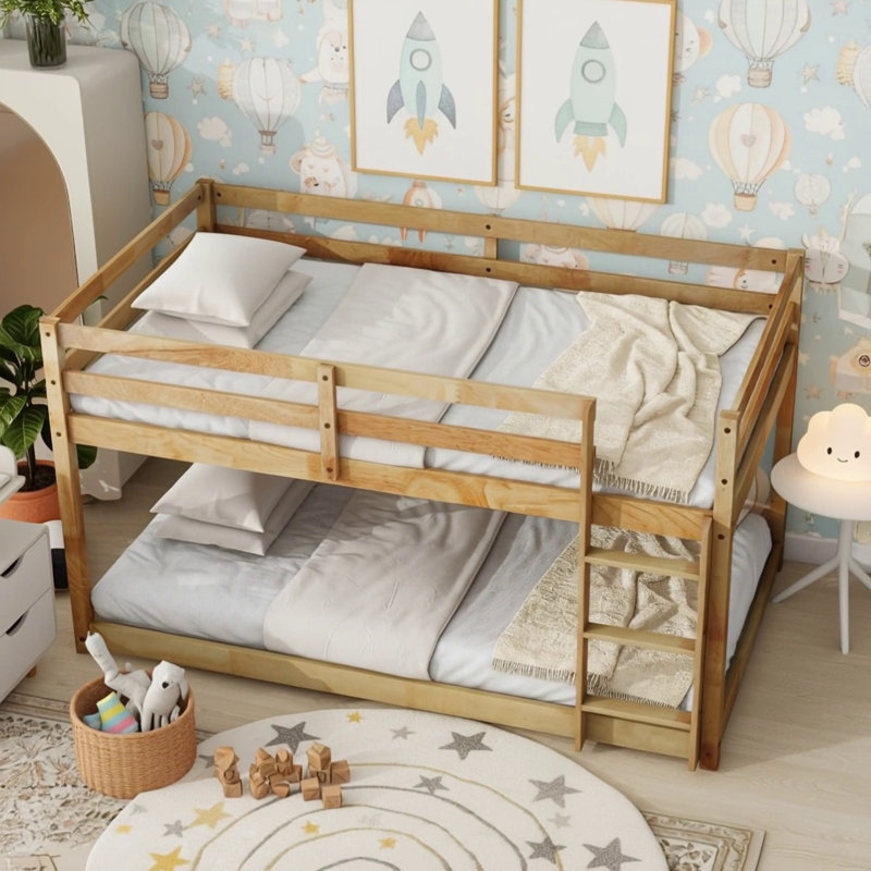 Solid Wooden Twin Over Twin Floor Bunk Bed With Ladder, Strengthened Slats, And  For Maximum Stability And Space Efficiency