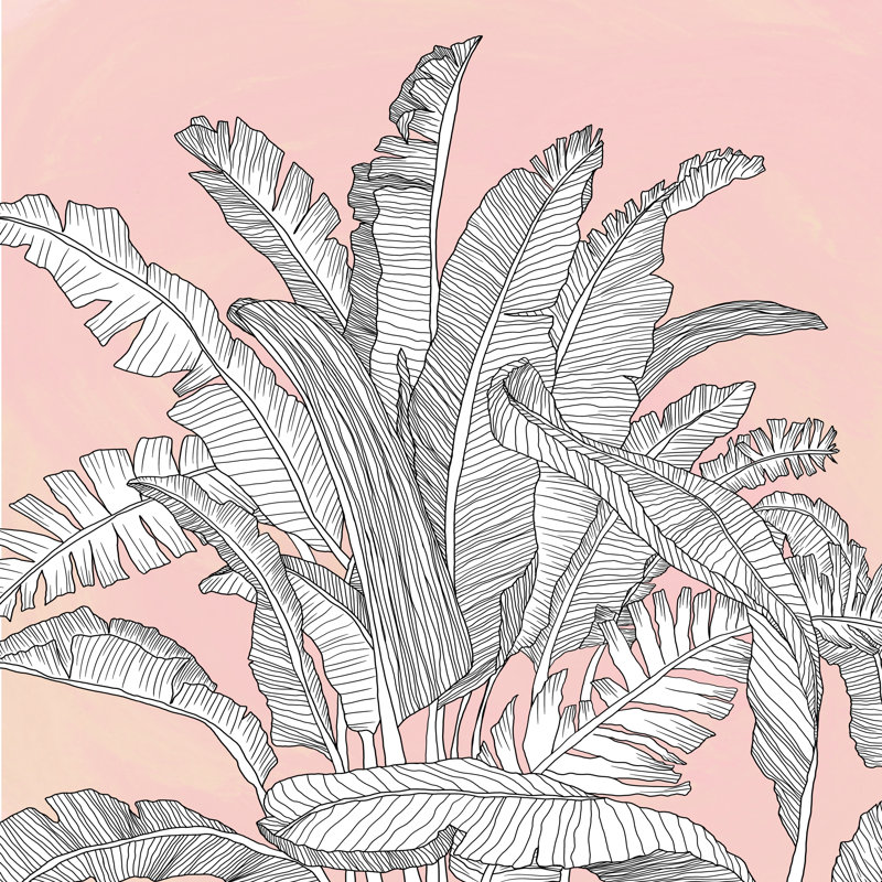 Feuilles de bananier sur fond rose, H 12 po x l 12 po