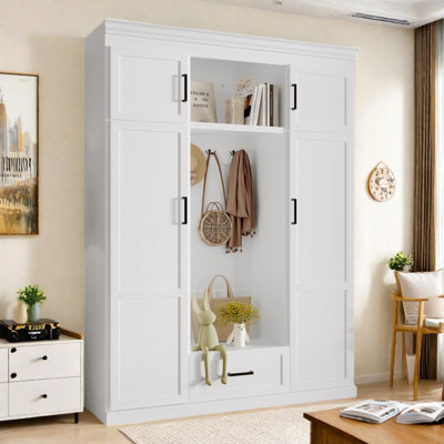 Modern Hall Tree With Bench And 3 Hooks, 4 Doors, 1 Drawer, Adjustable Shelves And Black Handles