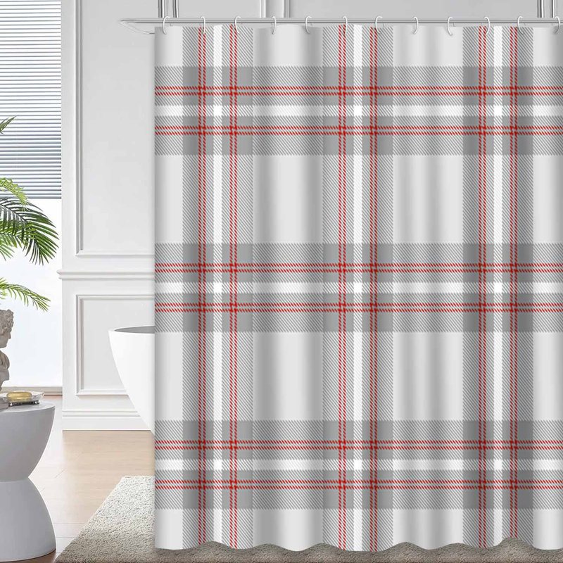 Rideau de douche gris tartan à carreaux rouge avec 12 crochets, L 72 po x l 72 po