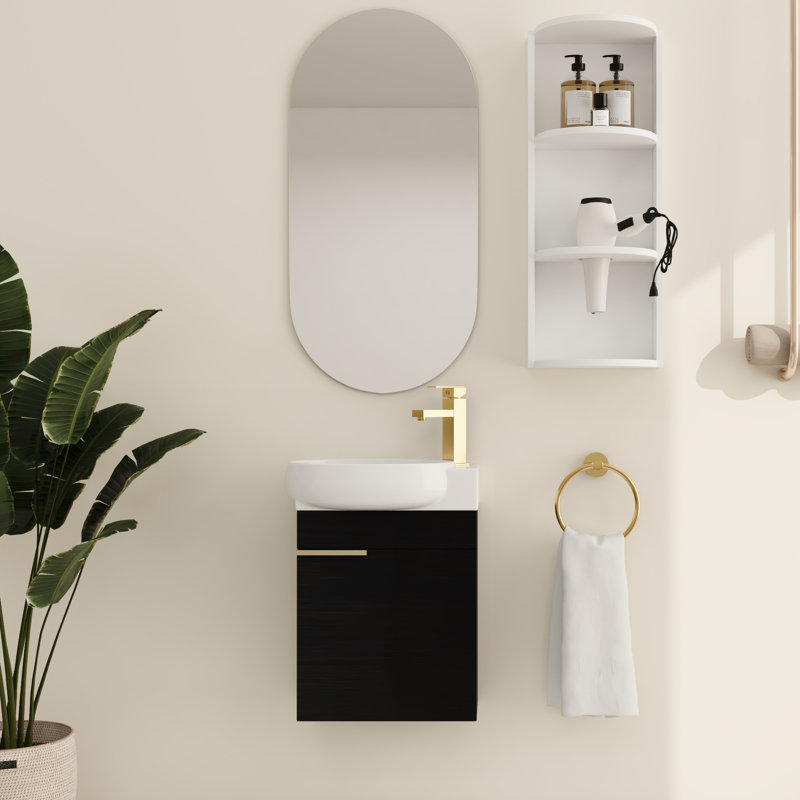 Ensemble de meuble-lavabo simple 16 po avec plateau en céramique Khyla, meuble-lavabo simple mural 16 po avec lavabo en céramique et support de rangement 12 po