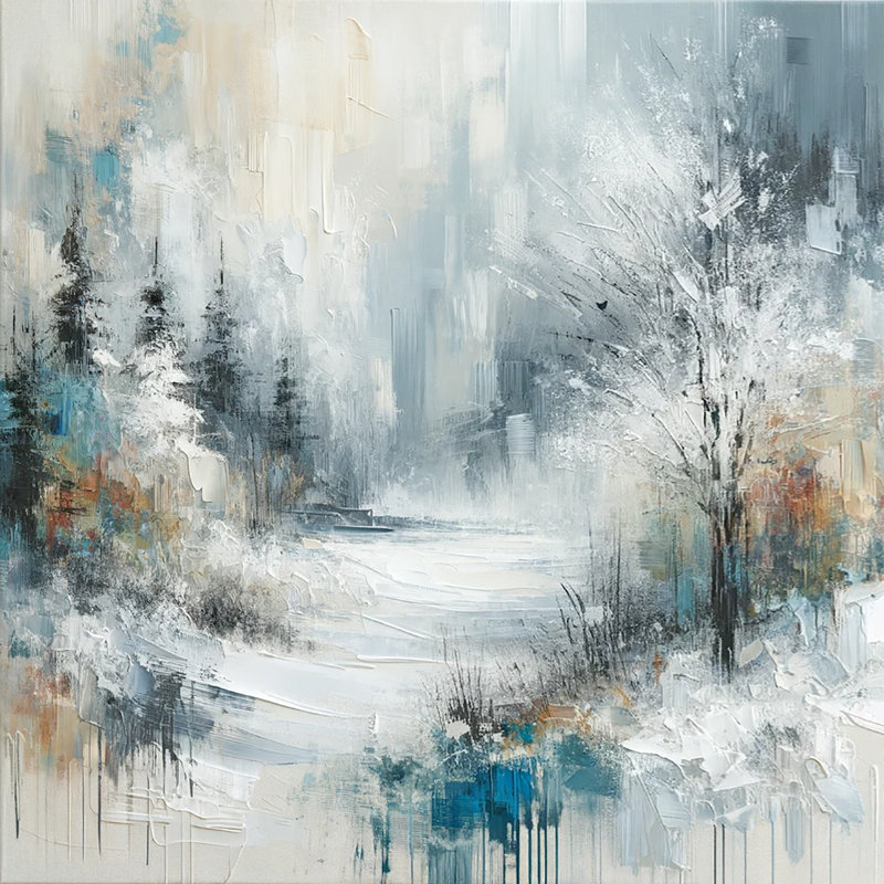 «Enchanted Winter Path: Abstract Impasto Landscape with Snowy Trees», reproduction sur toile, H 20 po x l 20 po x P 1,5 po