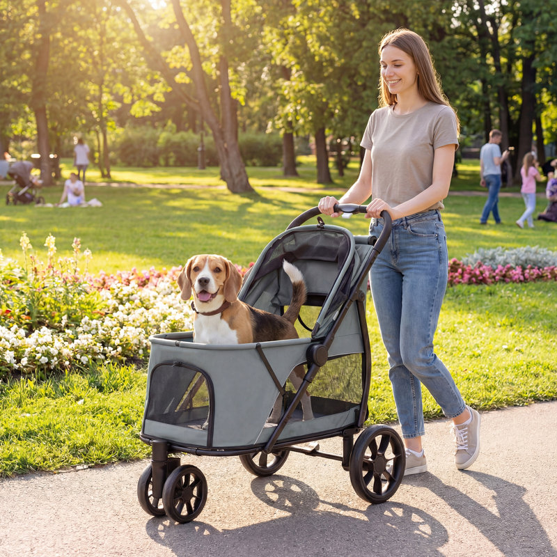 3 Wheel Pet Stroller, Dog Stroller Dual Entry, Easy One-Click Quick Fold, All-Terrain Wagon Cart with Mesh Window, Washable Cushion, for Small and Medium Dogs and Cats Up to 44 lbs, Gray