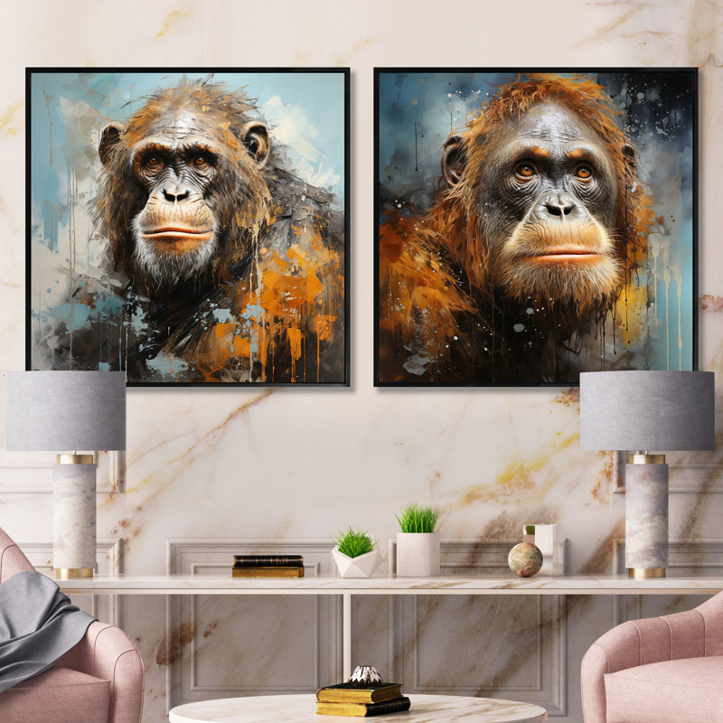 Orang-outan orang-outan, ensemble de 2 carrés orang-outan, Cadre flottant noir, H 16 po x l 33 po