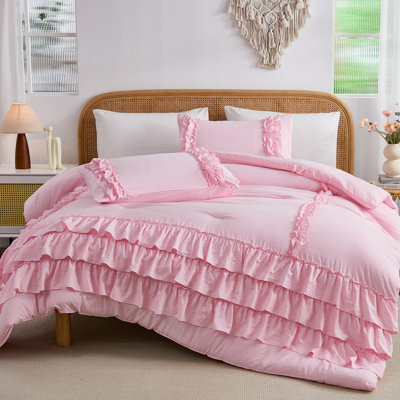 Pink Comforter Set Queen Size,Waterfall Ruffle Farmhouse Bedding Sets,Soft Fluffy Boho Comforters Sets for All Season,Vintage Ruffled 3 Pcs Lightweight Quilt Set for Women 