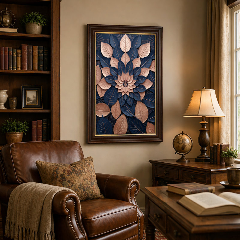 Art mural antique sur toile encadré doré pour le salon, la chambre à coucher, le bureau ou le vestibule - Décoration murale décorative avec motif de feuilles