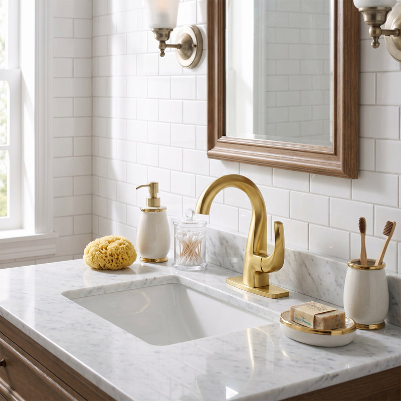 Solid Brass Single Handle Bathroom Sink Faucet, 1-Hole High Arc Basin Faucet with Pop-Up Drain, Gold