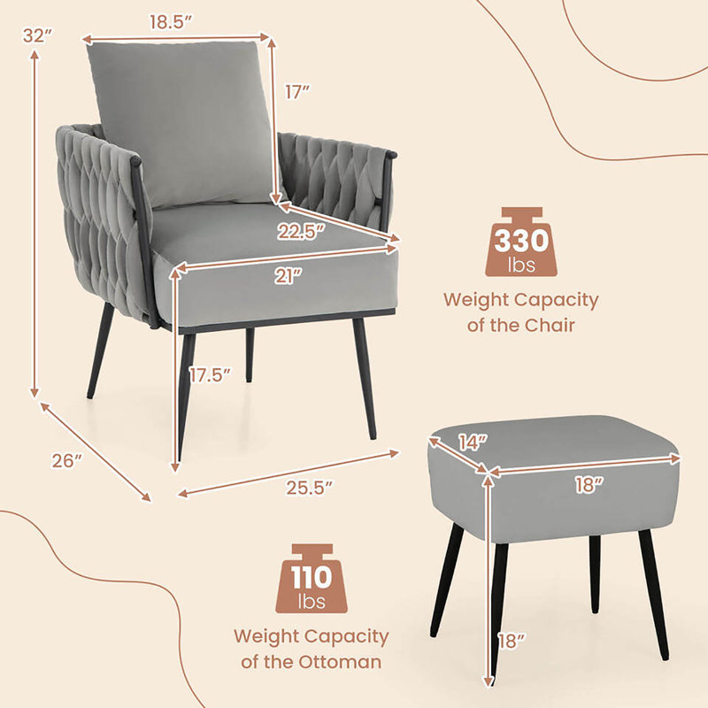 Itamar Velvet Accent Chair with Ottoman, Gray Velvet