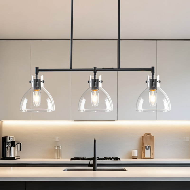 Luminaire suspendu linéaire à 3 lumières pour îlot de cuisine avec abat-jour en verre transparent, Matte Black