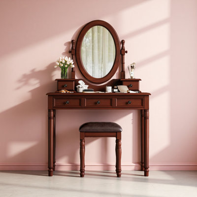 Ensemble de coiffeuse avec miroir à angle réglable, ensemble de coiffeuse et tabouret rembourré à 5 tiroirs, coiffeuse en bois pour chambre à coucher
