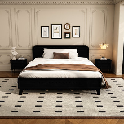 Solid Pine Queen Bed, Deep Black, Spring-, Easy Assembly, Spacious Bed Area Black With Structure, Panels, Elegant Headboard, Assembly Simplicity