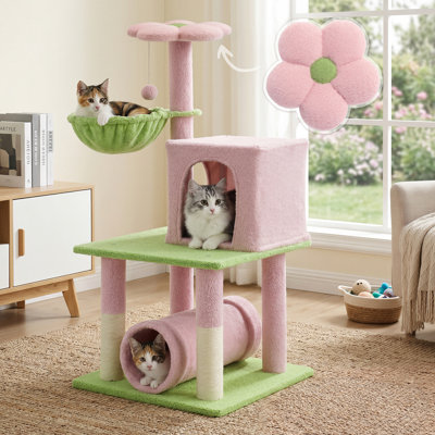 40-Inch Flower Cat Tree for Indoor Cats, Flower-Design Cat Tree w/ Widened Perch for Large Cats & Kittens, Multi-Level Activity Tree w/ Scratching Post, Tunnel, Basket & Cave Condo