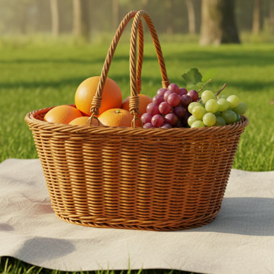Rustic Faux Rattan Picnic Basket, Handwoven Oval Harvest Basket with Sturdy Handle for Picking, Storage & Outdoor Gathering, Classic and Versatile