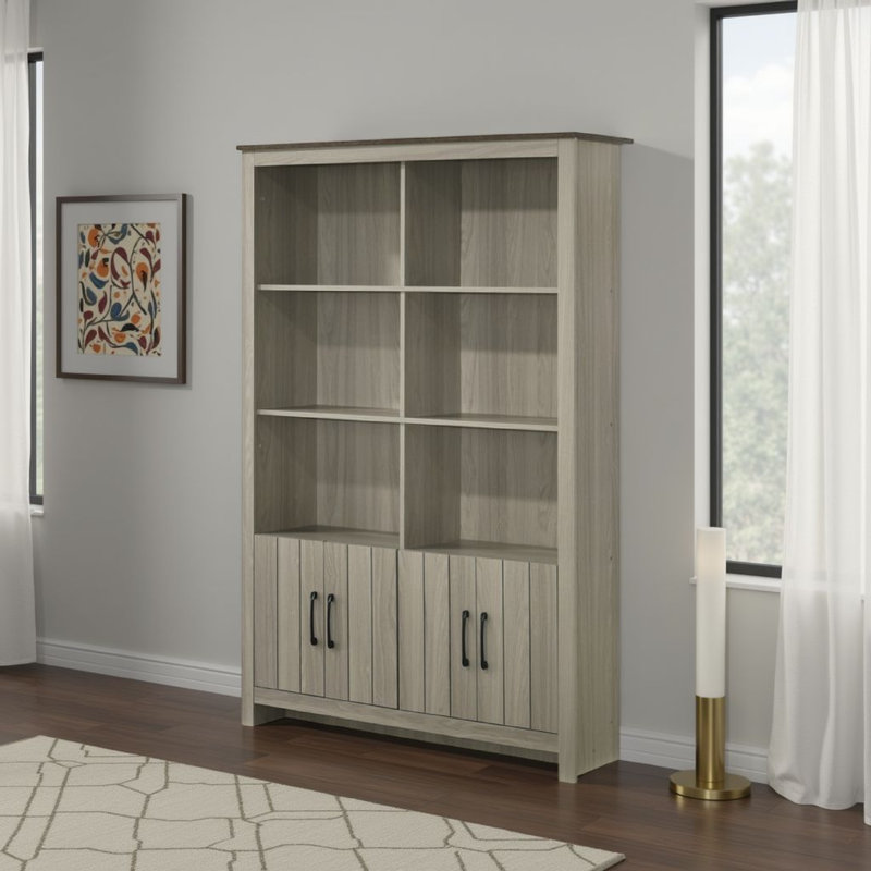 Nena Bookcase With 6 Shelves And 4 Cabinet Doors, Gray Wood 71 Inch