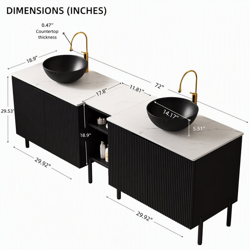 Ensemble de meuble-lavabo double autoportant 72 po avec lavabos 72 po, armoires de rangement rayées 2 x 30 po + tablette ouverte amovible 12 po, 2 vasques noires à motif de cuve en pierre avec comptoir blanc de Carrare, noir
