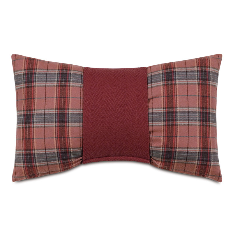 Red Plaid Cotton Lumbar Pillow with Chevron Cuff