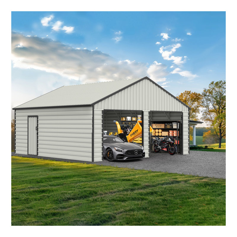 Garage double 23 pi x 22 pi avec porte d'entrée latérale en métal, Blanc