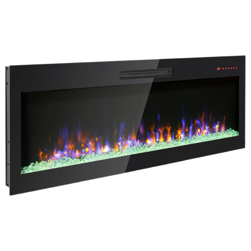 Foyer électrique encastré mince avec télécommande, flammes multicolores, lumière DEL et chauffage pour maisons modernes