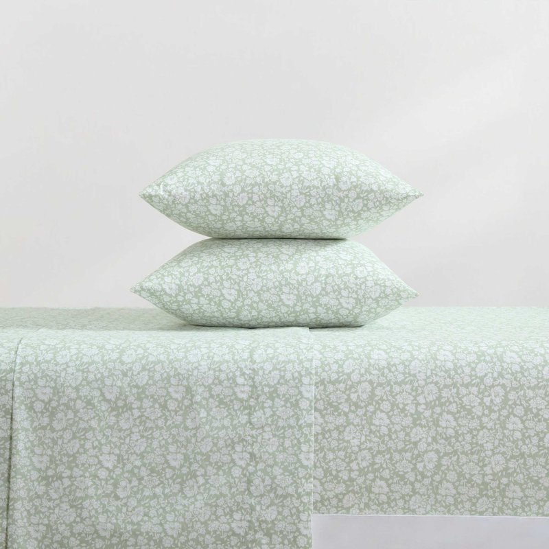 Percale Novelty 200 Thread Count Printed Cotton Sheet Set, Queen Sheet Set with 2 Standard Pillowcases,  Green Heirloom Ditzy