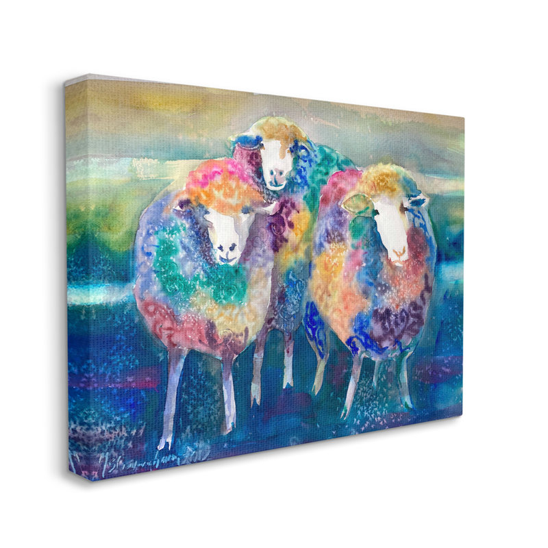 Conception amusante et mignonne «Bold Rainbow Farm Sheep» par MB Cunningham - Peinture, Toile tendue