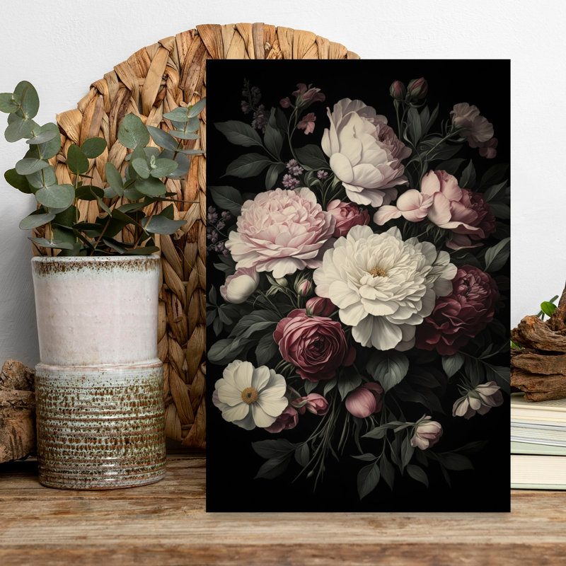 Moody Floral Bouquet Classic Elegant Romantic Peony Rose Flower Landscape Wall Art Print 1 Piece Wrapped Canvas Wall Art