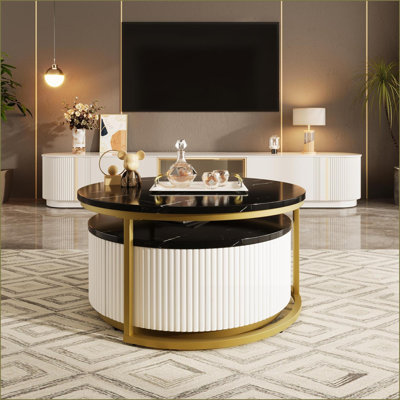 Table basse avec tiroir cannelé moderne noir et or, peu encombrante pour le salon