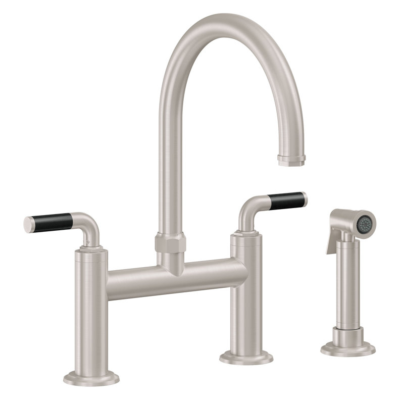 Bridge Kitchen Faucet - Arc Spout, With Side Spray, Carbon Fiber Lever, Satin Nickel