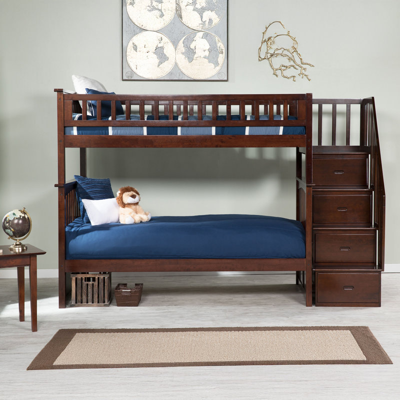 Flinn Kids Solid Wood Staircase Bunk Bed, Twin over Twin, Walnut