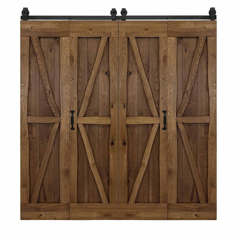 Favian Double Bi-Folding System Solid Oak Barn Door, Brown Oil