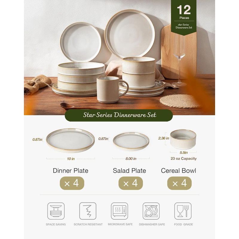 Azal 12-Piece Stoneware Dinnerware Set, Service for 4, Cappuccino White