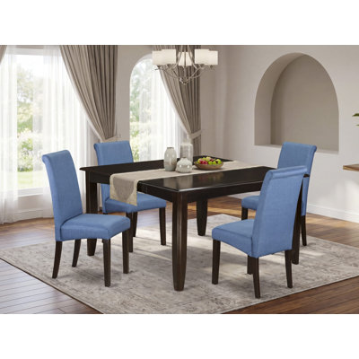 Ensemble de salle à manger 5 pièces comprenant une table carrée en bois avec rallonge papillon et 4 chaises rembourrées en lin bleu, 137 x 137 cm, cappuccino