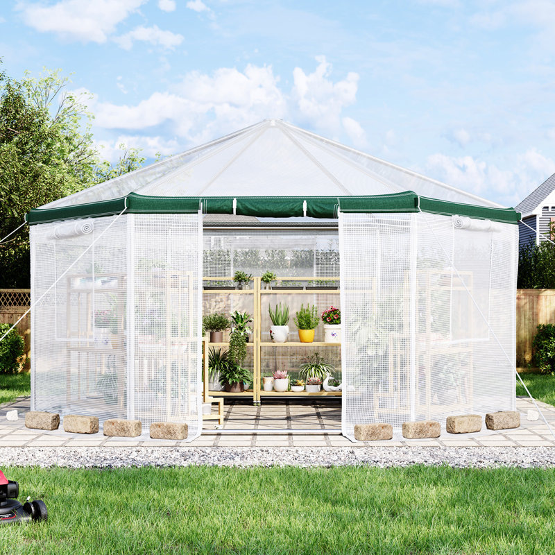 AMERLIFE 13.5x13.5x9 FT Tunnel Greenhouse for Outdoors, Heavy-Duty Greenhouse with Windbreak Ropes, Waterproof PE Cover, Ground Stakes, Walk-in Greenhouse for Garden, White/Green