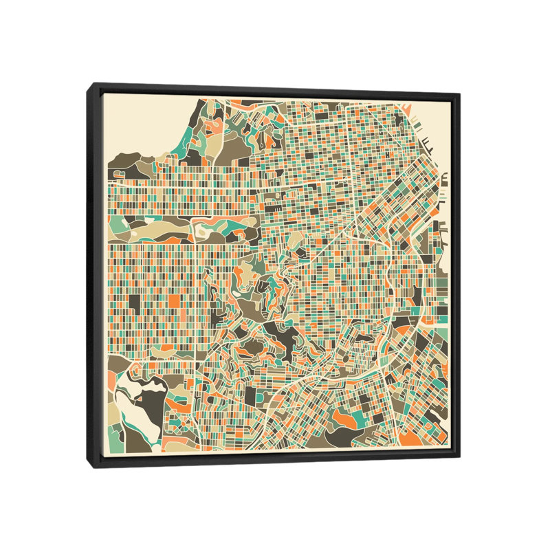 " Abstract City Map Of San Francisco " by Jazzberry Blue, 26" H x 26" W x 1.5" D, Black Framed Canvas, No Mat