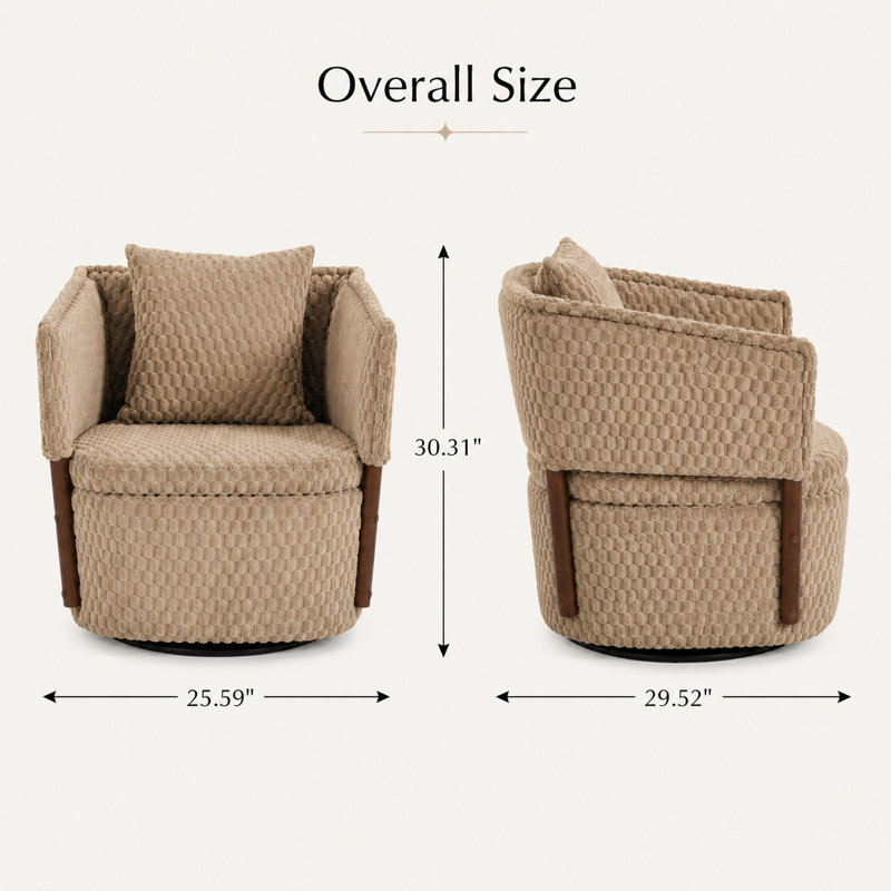 Fauteuil demi-tonneau pivotant de 25,6 po de largeur avec rangement caché et coussin lombaire, Kaki