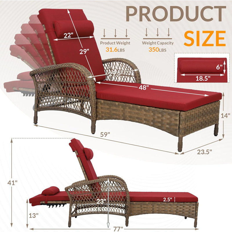 Outdoor Wicker Lounge Chair with Cushion, 6-Position Adjustable Patio Chaise Lounge, All Weather Lay Flat Pool Sunbathing Recliner Chair, Armrest and Head Pillow, Fade-Resistant, Red