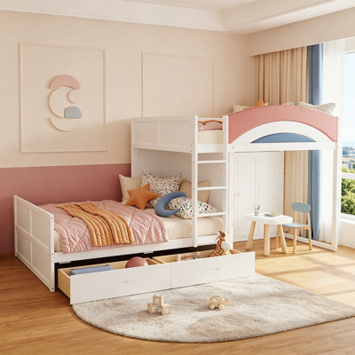 Full Size Offset Bunk Bed With Wardrobe & Drawers, Upholstered Guardrail, Built-In Hanging Rod, White