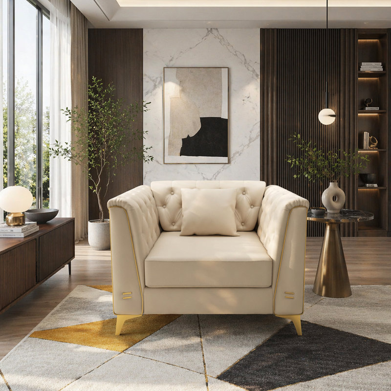 Canapé Chesterfield modulaire léger de luxe, canapé en similicuir avec capitonnage à boutons fait à la main, accoudoirs garnis de métal et pieds en métal minces