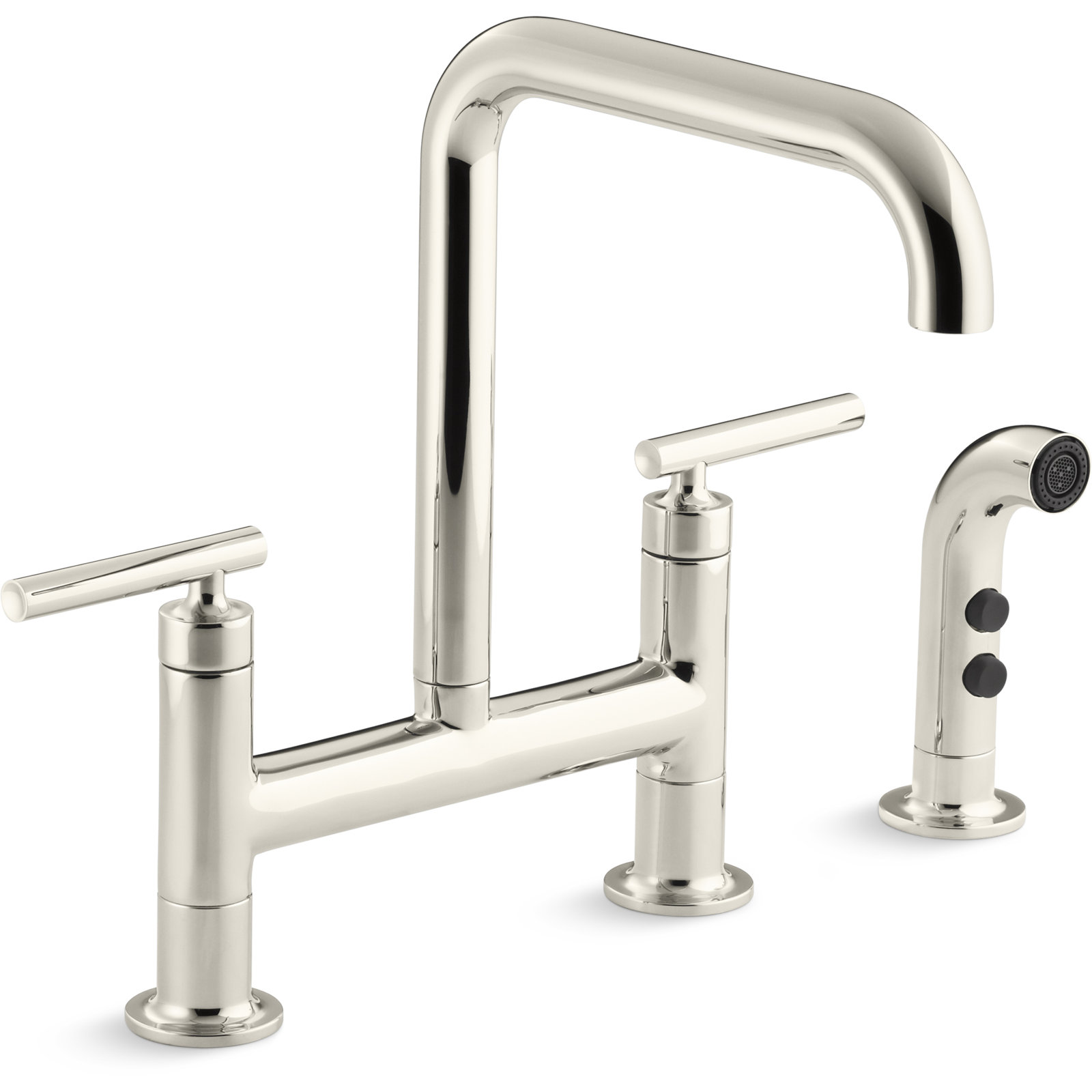 Kohler Purist Two Handle Deck-Mounted Bridge Kitchen Sink Faucet with Pull Out Side Sprayer, Vibrant Polished Nickel