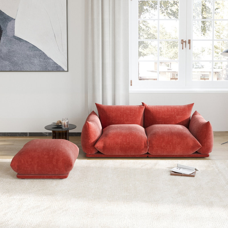 Minarik 2-Seat Chenille Fabric Upholstered Round Arm Sectional Loveseat With Ottoman, Red