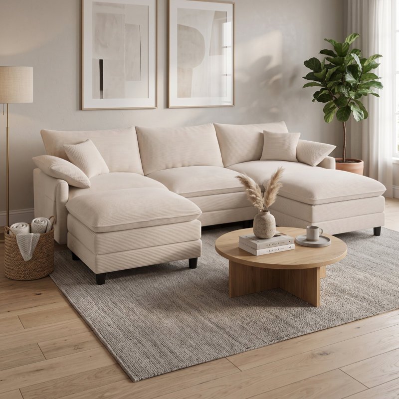 Canapé d'angle modulaire en forme de U de 274 cm avec 2 poufs, pouf avec rangement et table basse intégrée, canapé 3 places en velours côtelé avec poche latérale, beige