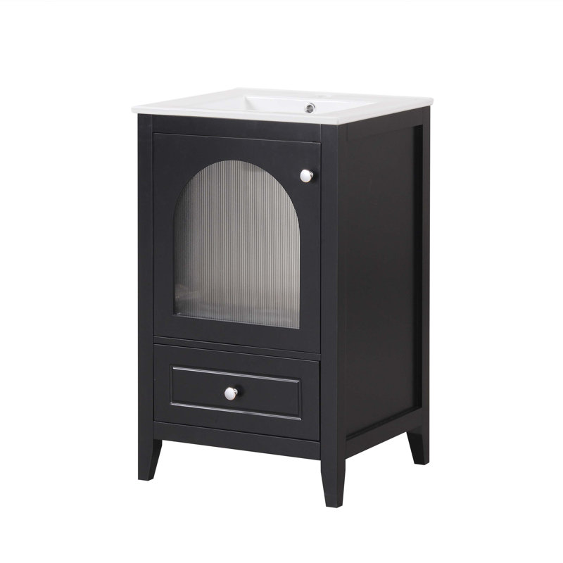 20" Black MDF Bathroom Vanity with Ceramic Sink and Glass Door