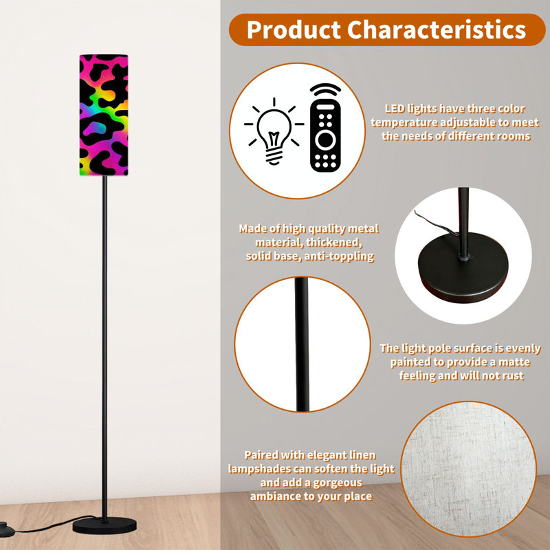  68.5" Standing Floor Lamp Square Rainbow leopard seamless Rainbow Dimmable Metal Pole Lamp with Linen Lampshade LED Bulb Included