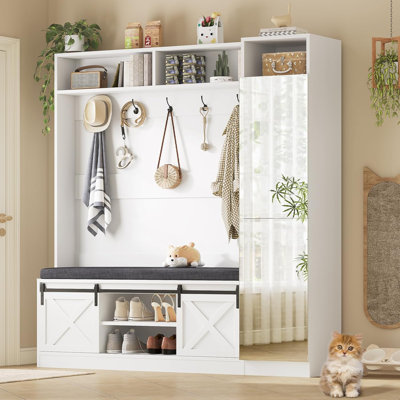 Hall Tree 60" Wide With Bench, Shoe Storage And Tall Mirror, White