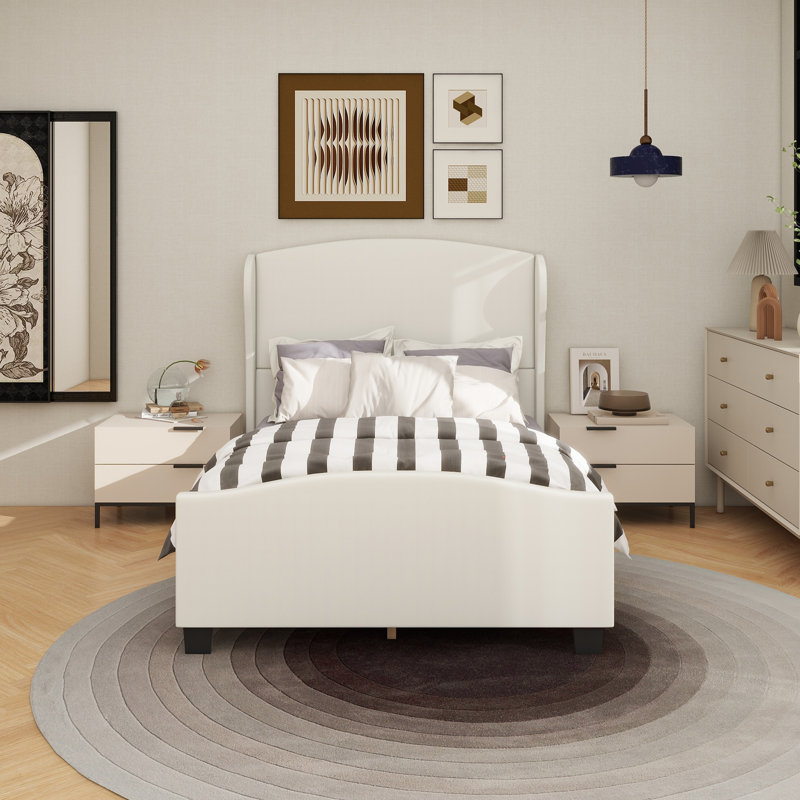 51" High Headboard Wingback Linen Upholstered Bed No Box Spring Needed, Grey, Beige, Full
