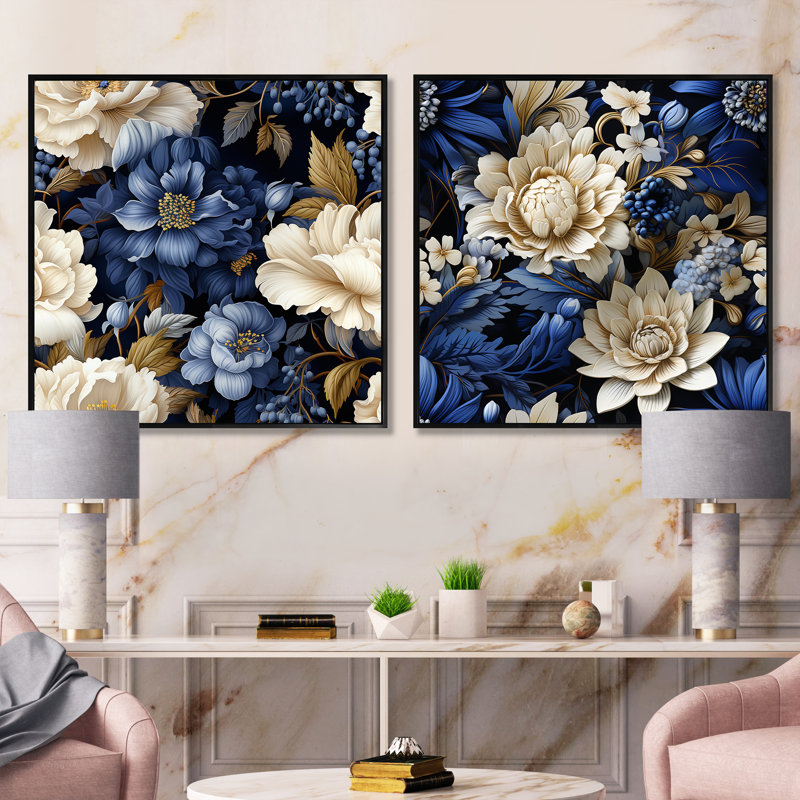 Victorian Cobalt Foliage Victorian, Cadre flottant noir, H 16 po x l 33 po