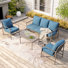 Vintage Wicker Outdoor Patio Furniture Set with Blue Cushions & Coffee Table