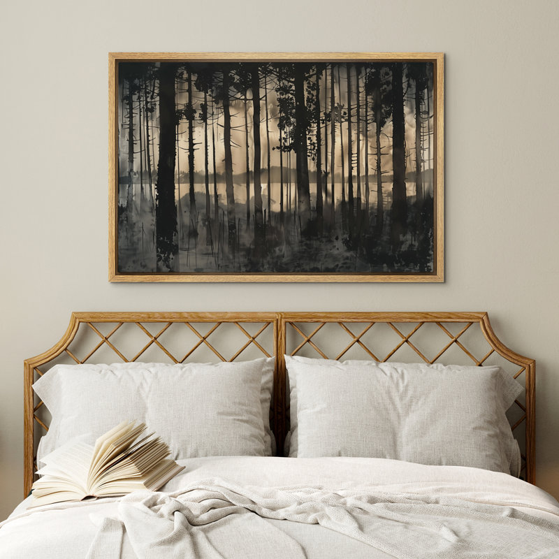 «Moody Black Forest Silhouette Lake View Wall Decor», reproduction d'art sur toile encadrée dans la chambre principale