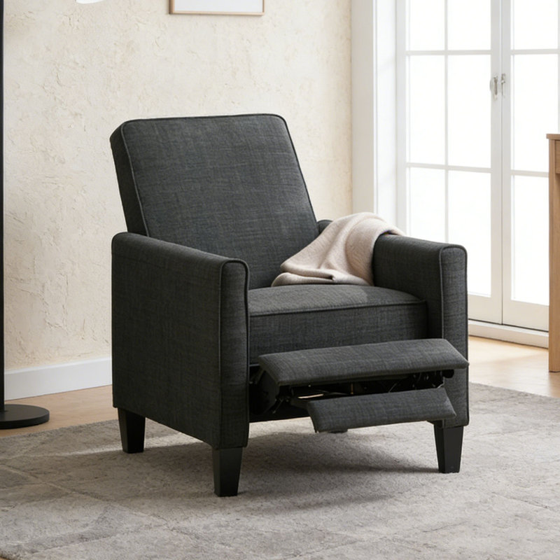 27.5" Push Back Recliner Chair Upholstered Recliner Armchair with Solid Beech Wood Legs, Polyester, DARK GREY