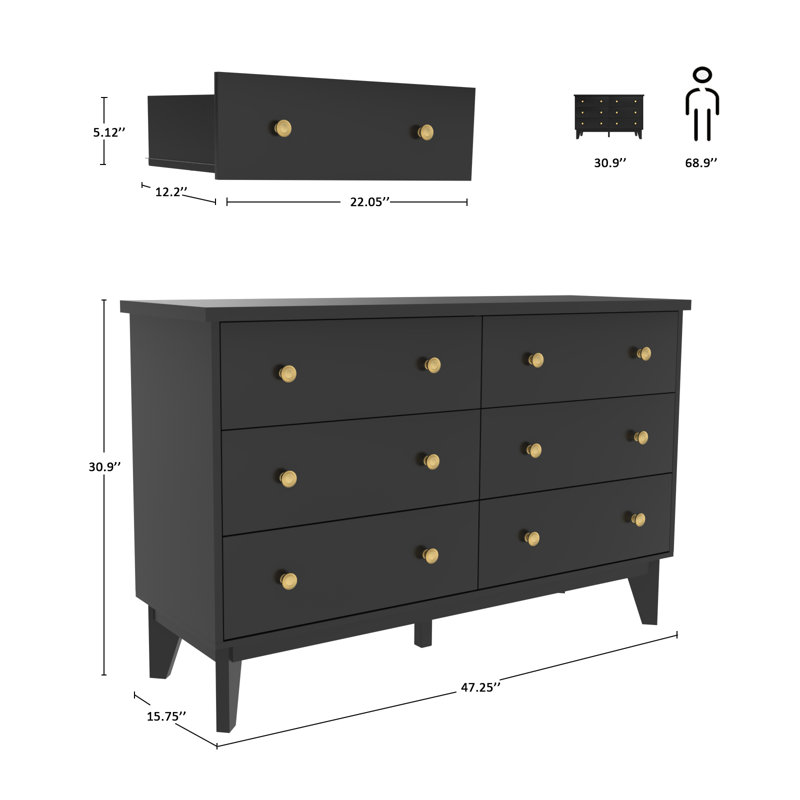 Commode 6 tiroirs l 47,25 po, Noir
